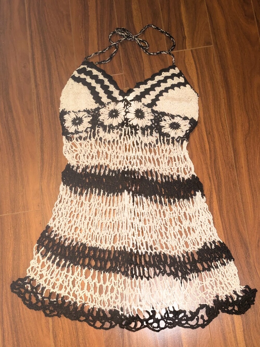 Vintage Handmade Cuban Crochet Halter Mini-Dress Beach Cover-Up, B&W, O/S